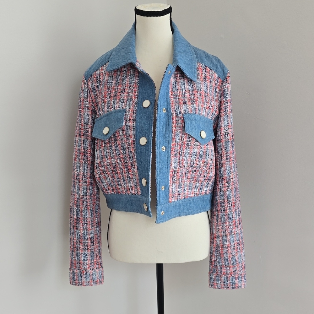 House of Harlow 1960 Denim And Tweed Cropped Women's Jacket Size M